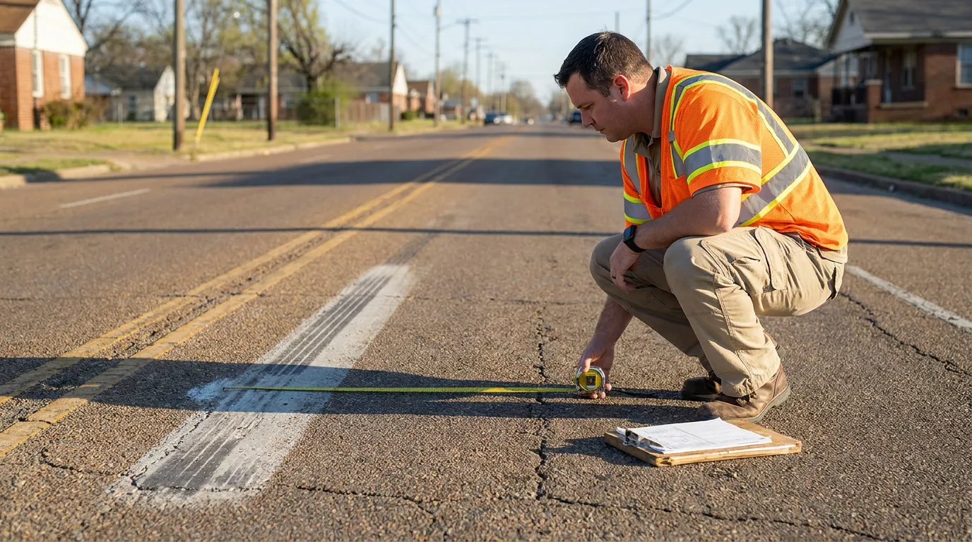 Investigator Measuring Skid Marks South Memphis Crash Scene safety vest inspector measuring road surface defect with tape measure and clipboard