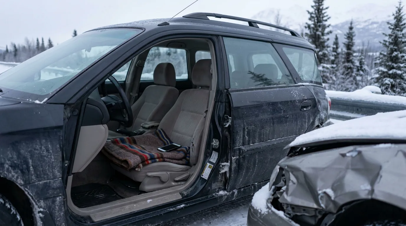 Anchorage Alaska Moose Collision Car Accident Damage SUV with open door and crumpled vehicle after winter road collision