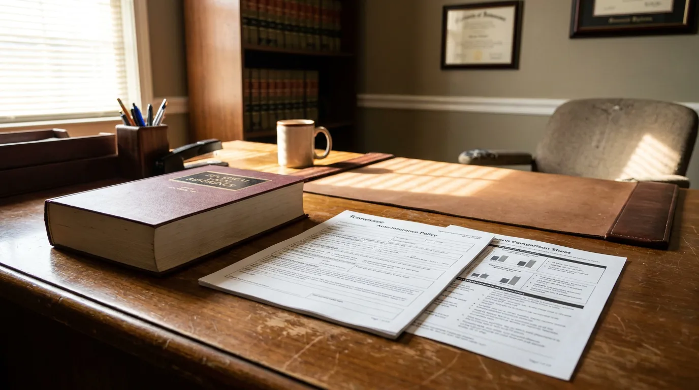 Memphis Attorney Desk Tennessee Auto Insurance Policy Documents Tennessee auto insurance policy and comparison sheet on attorney office desk
