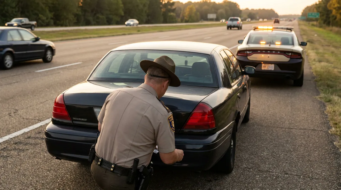 uniformed highway patrol officer inspecting stopped vehicle on multi-lane highway