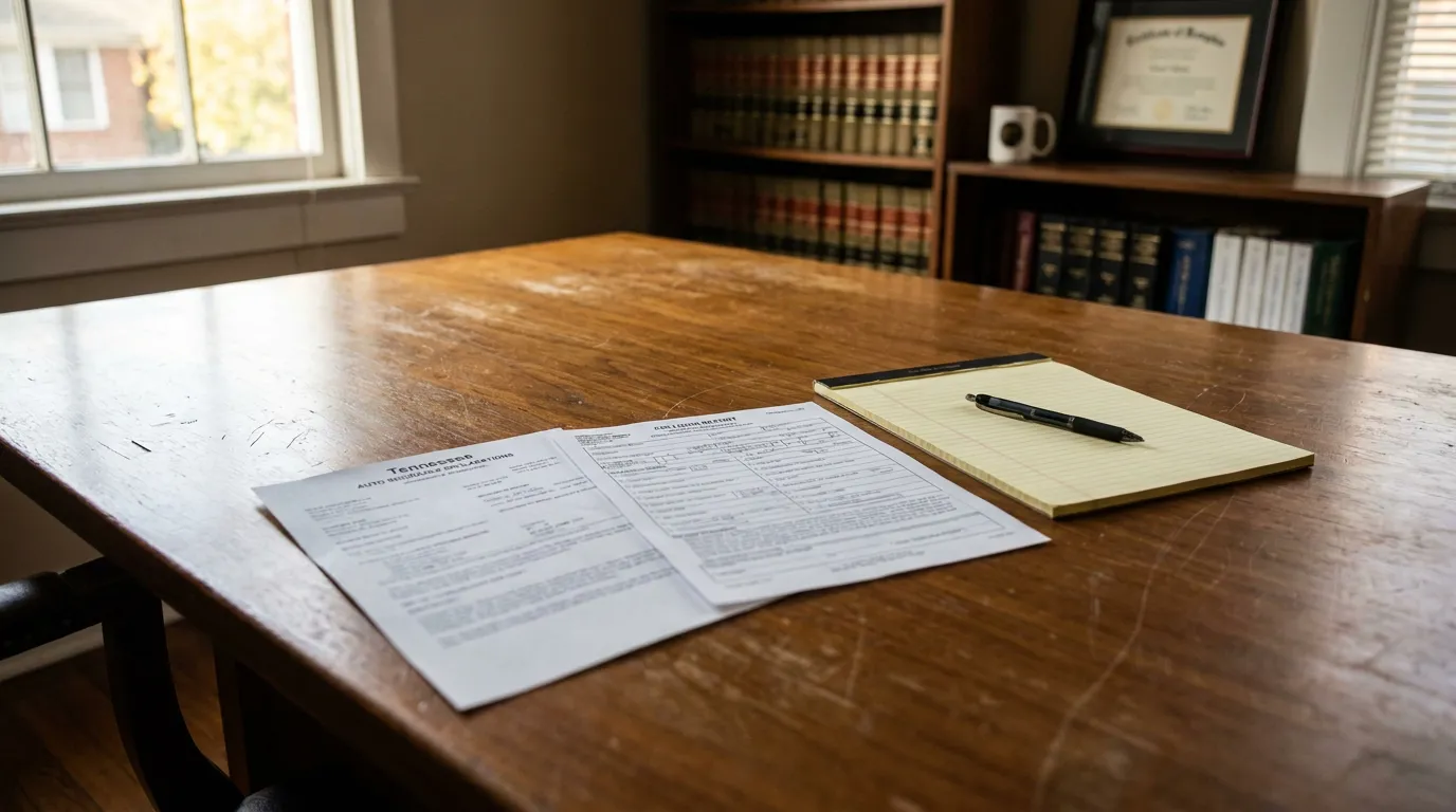 Memphis Car Accident Lawyer Office Tennessee Auto Insurance Documents Tennessee auto insurance documents on law office desk with legal books and framed certificate