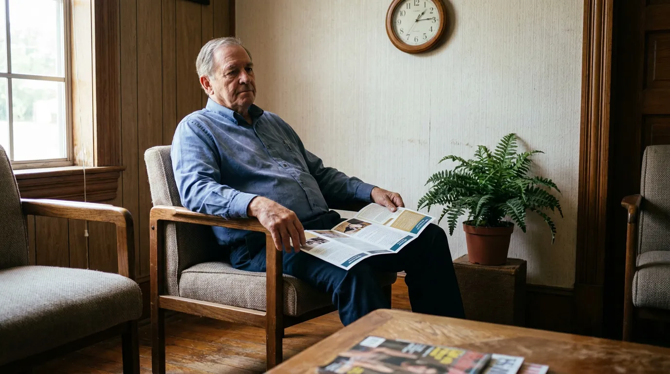 Grandfather Waiting to Discuss Visitation Rights Houma Louisiana older man seated in waiting room chair holding open brochure near window