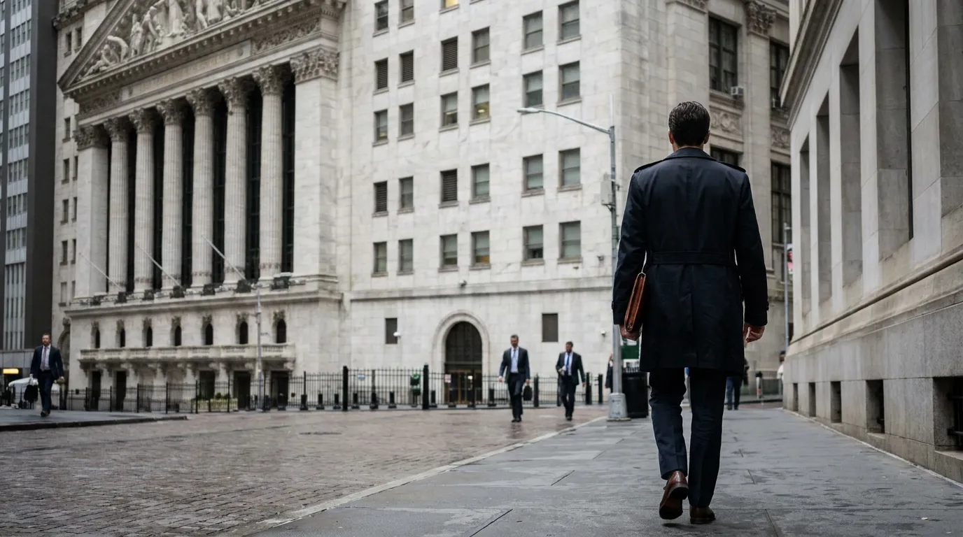 Securities Lawyer Walking Near New York Stock Exchange suited professional carrying folder walking toward neoclassical courthouse building on city street
