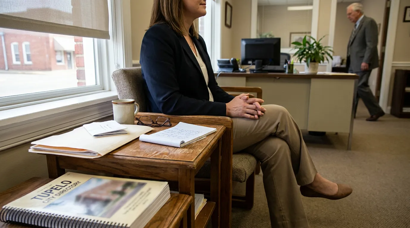 Tupelo Truck Accident Lawyer Consulting Family After Fatal Crash attorney seated in law office beside Tupelo City Directory and open notepad
