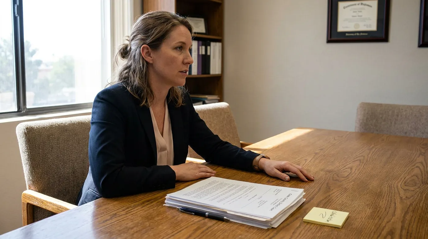 Las Vegas Spousal Support Attorney Reviewing Cohabitation Alimony Case female attorney seated at conference table with legal documents and framed diploma on wall