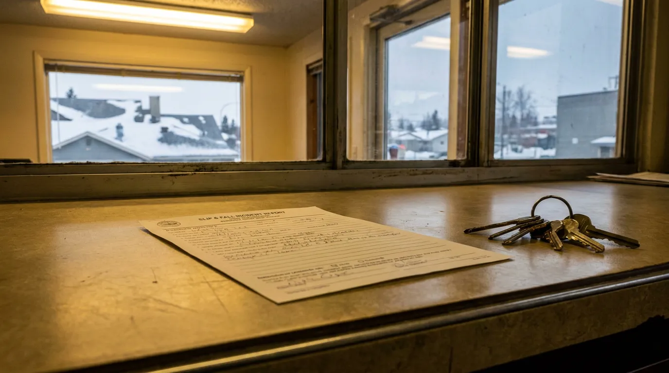 Slip and Fall Incident Report Anchorage Alaska Snowy Property completed slip and fall incident report form with keys on office counter