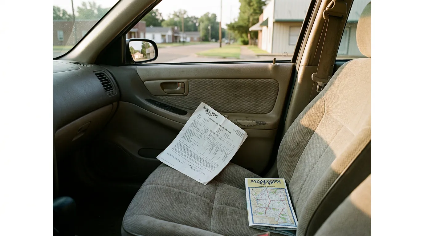 Mississippi Auto Insurance Document on Car Seat in Tupelo Mississippi auto insurance document and road map resting on vehicle passenger seat