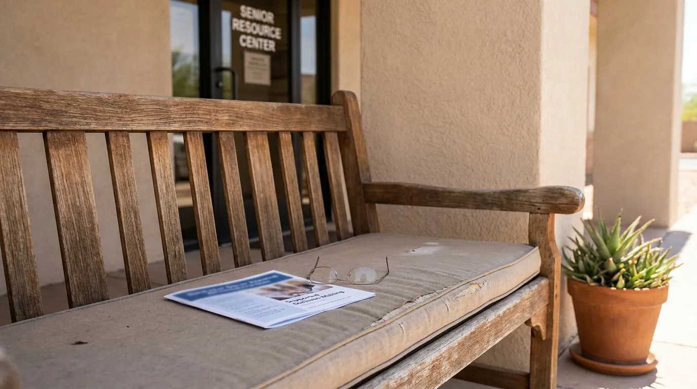 Las Vegas Senior Resource Center Supported Decision Making Brochure wooden bench outside Senior Resource Center with pamphlet and reading glasses