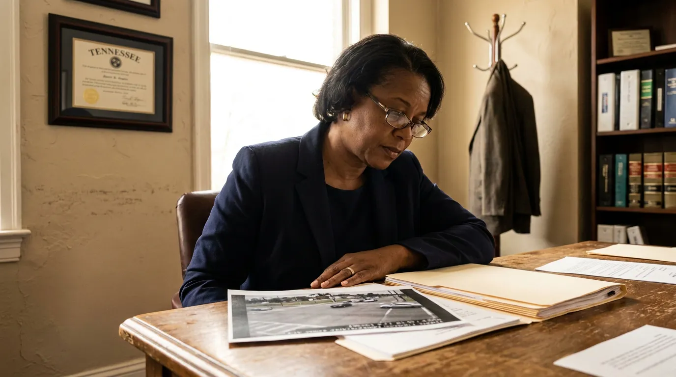 attorney reviewing case files and accident photo at office desk with Tennessee certificate