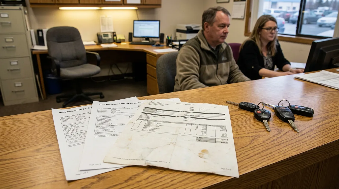 Anchorage Car Accident Insurance Claim Attorney Consultation Auto Insurance Declaration pages and vehicle estimate documents with car keys on office desk