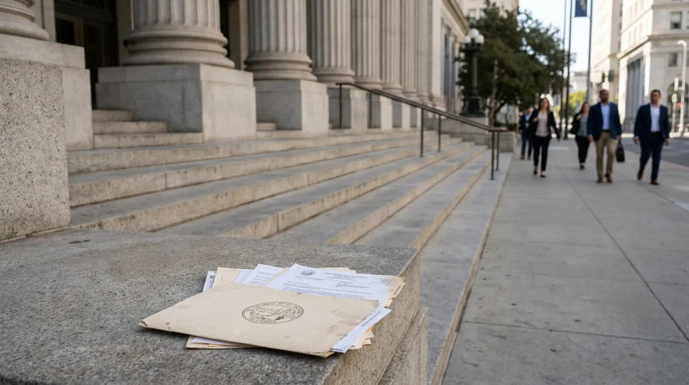 sealed legal envelope and court documents on courthouse steps with professionals walking