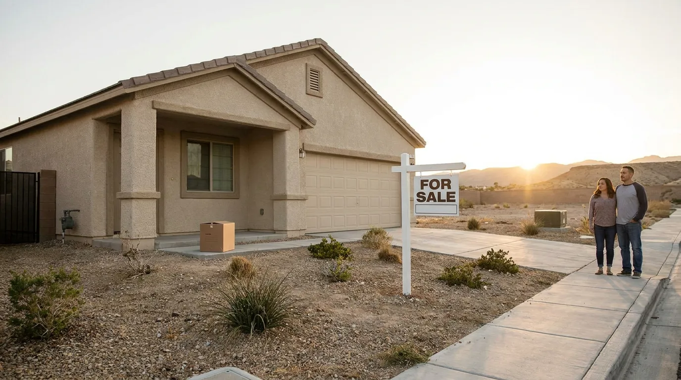 Couple Outside Las Vegas Home For Sale During Divorce couple standing on sidewalk outside single-family home with For Sale sign