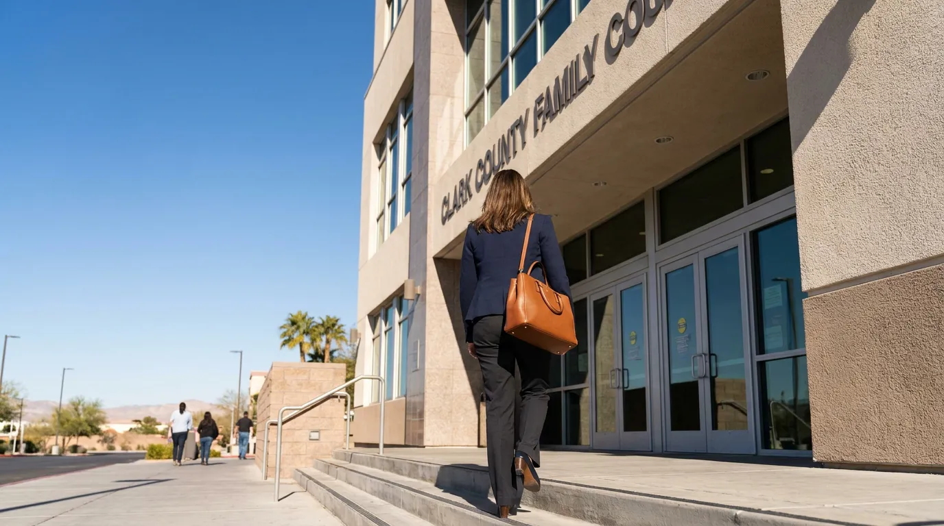 Spousal Support Attorney Entering Las Vegas Family Court professional woman carrying handbag walking up steps toward Clark County Family Court