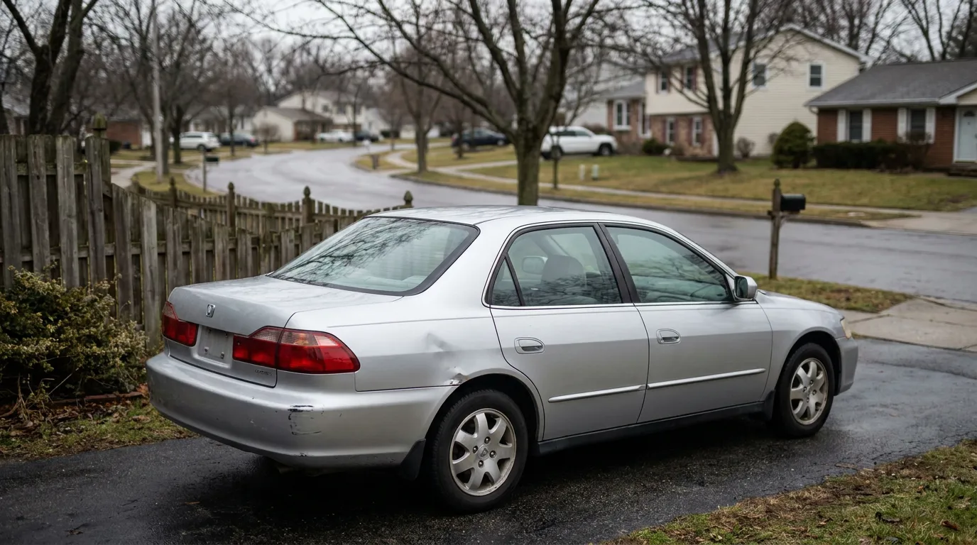 Damaged Silver Sedan After Memphis Car Accident Honda Accord sedan with visible rear bumper damage parked in residential driveway