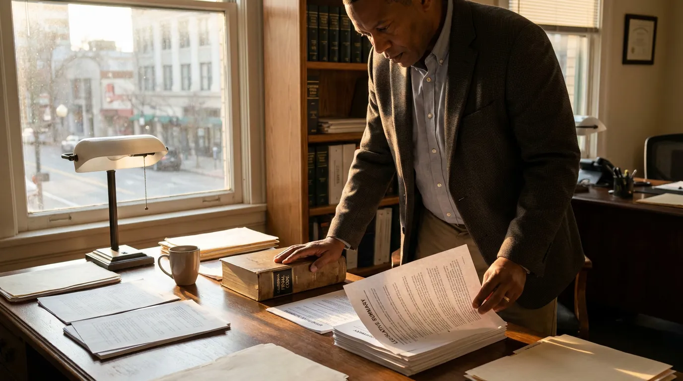 Sacramento Gun Crime Lawyer Reviewing AB 1127 Legislative Documents attorney reviewing legislative summary documents beside penal code book in law office