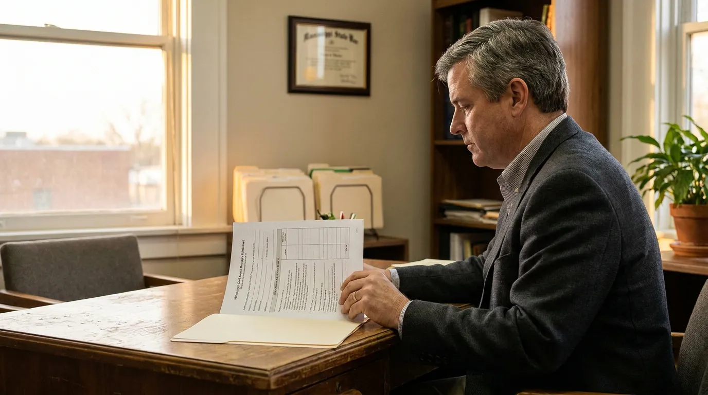attorney reviewing Mississippi Civil Court bankruptcy guidelines document at office desk