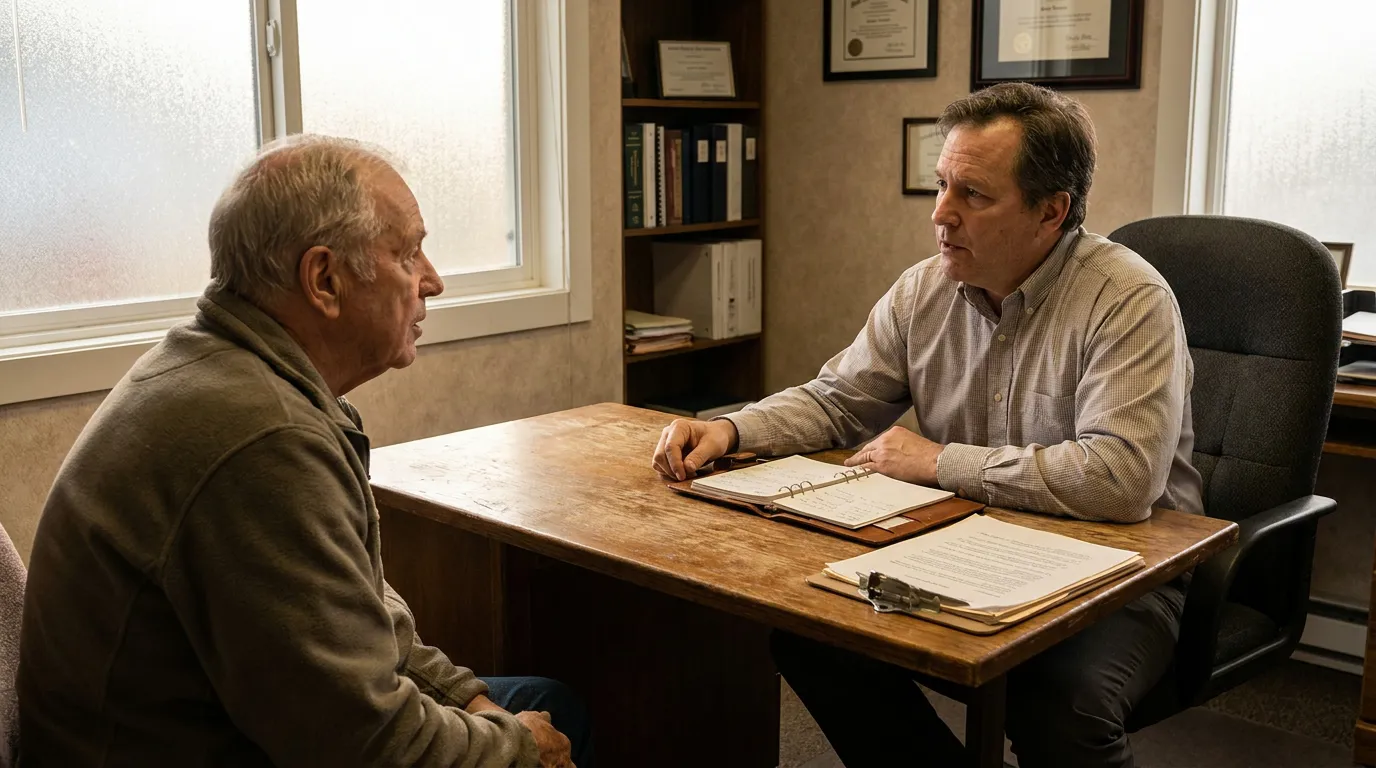 Elderly Man Consulting Slip and Fall Attorney Anchorage two men seated across desk in office with framed certificates and binder documents