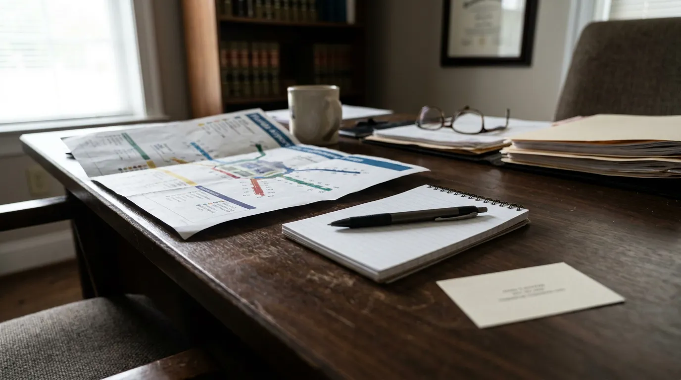 law office desk with chart documents, notepad, pen, and stacked files