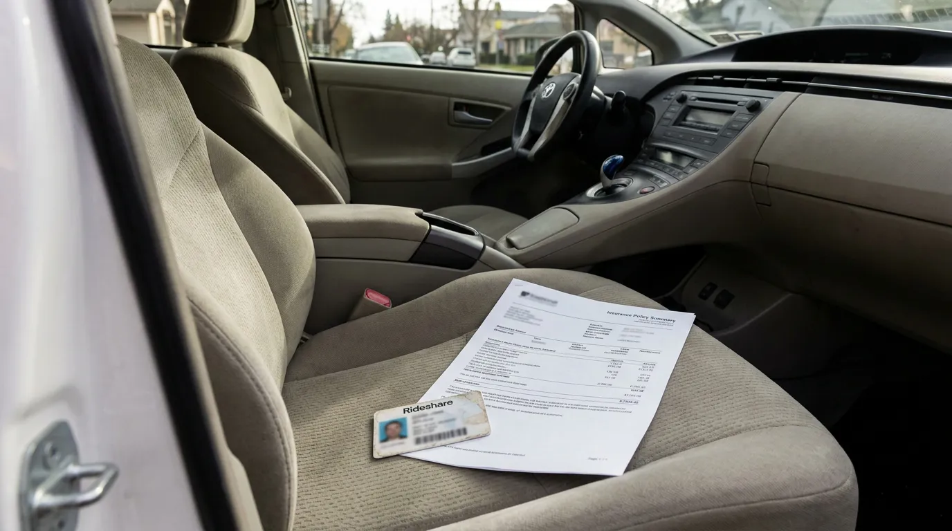 Sacramento Rideshare Driver Insurance Policy and ID Card Insurance Policy Summary document and rideshare ID card on vehicle passenger seat