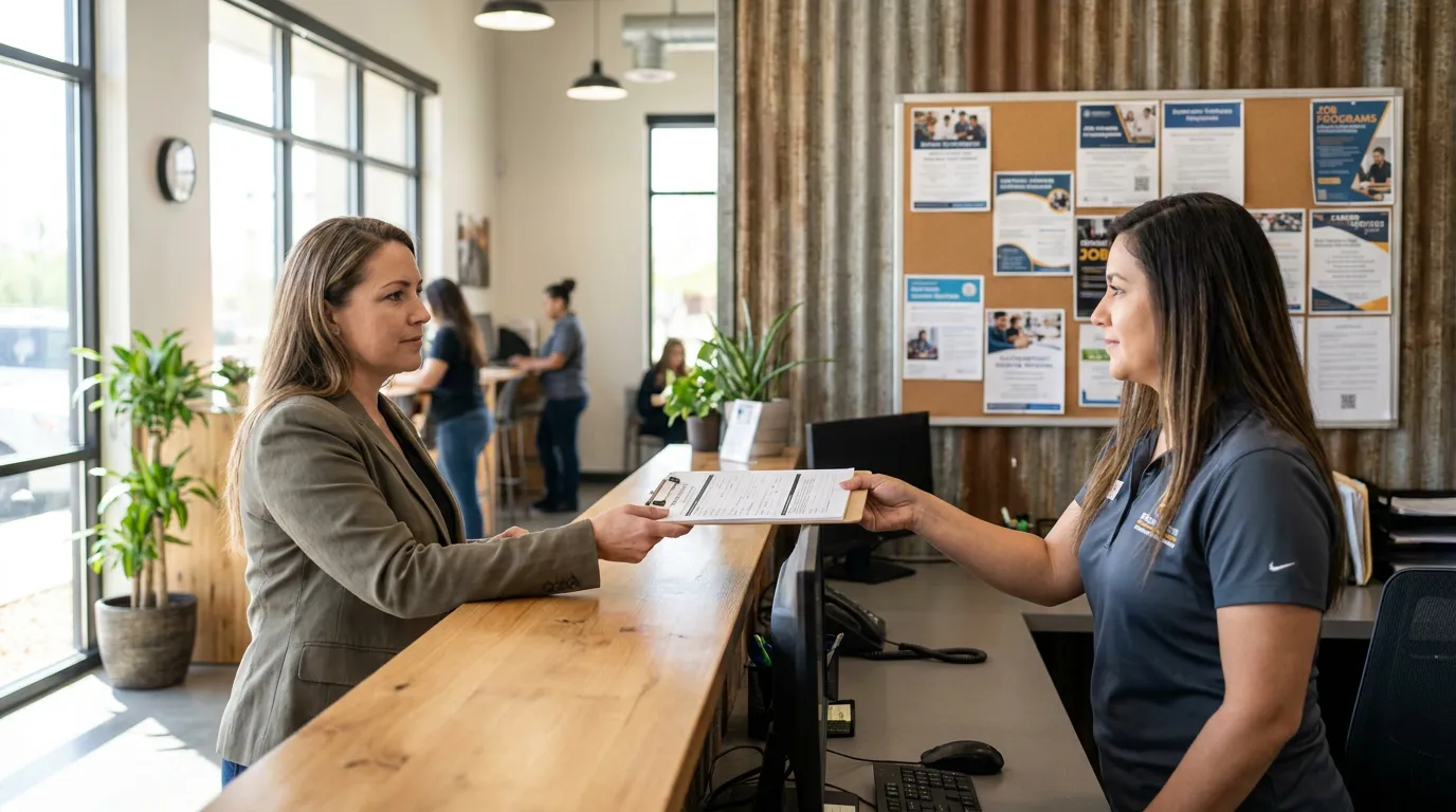 Woman Enrolling in Las Vegas Job Training Program woman handing clipboard with document to staff member at reception desk