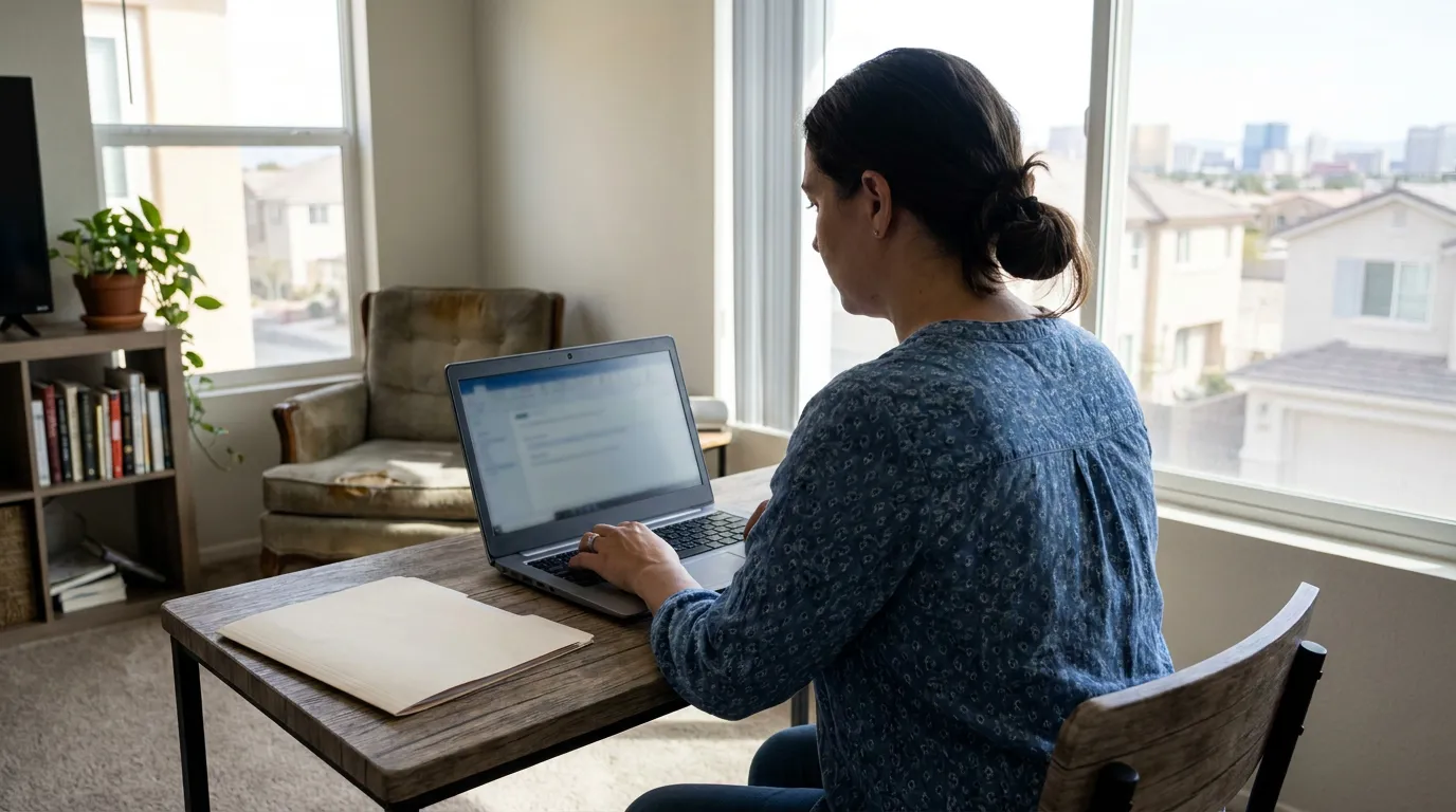 Woman Filing Uncontested Divorce Online Las Vegas woman seated at home desk typing on laptop with open folder nearby