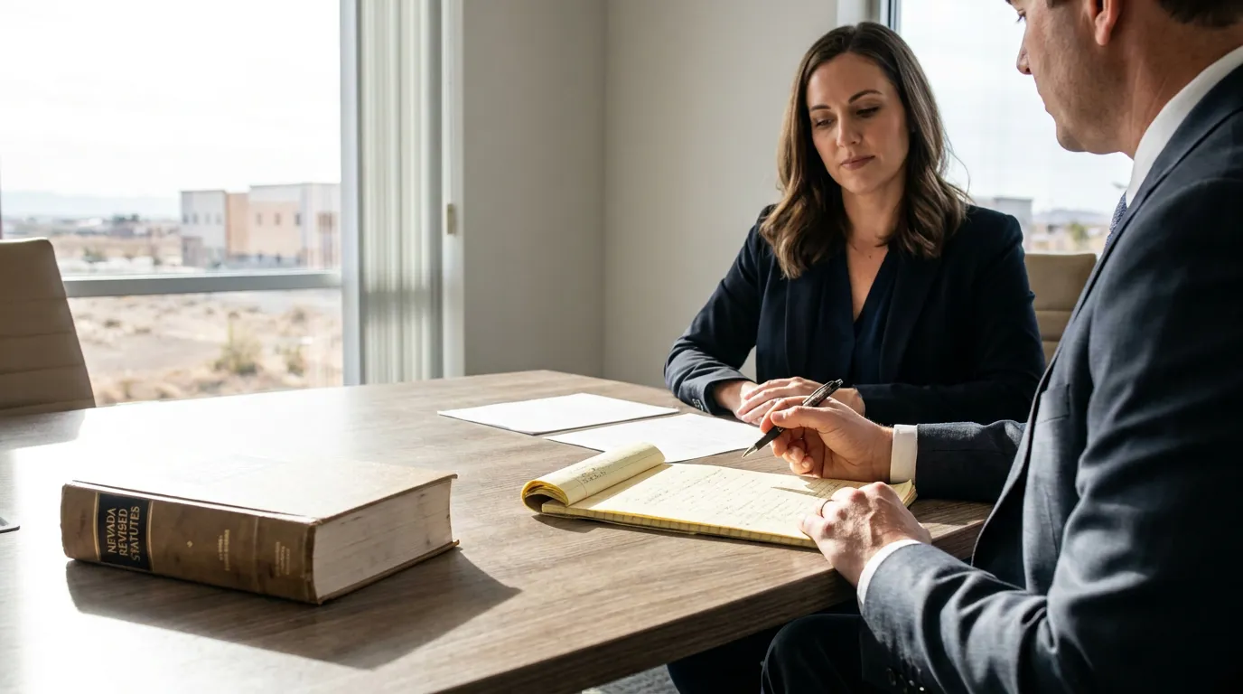 Las Vegas Prenup Lawyer Reviewing Nevada Revised Statutes two attorneys reviewing notes beside Nevada Revised Statutes book during office meeting