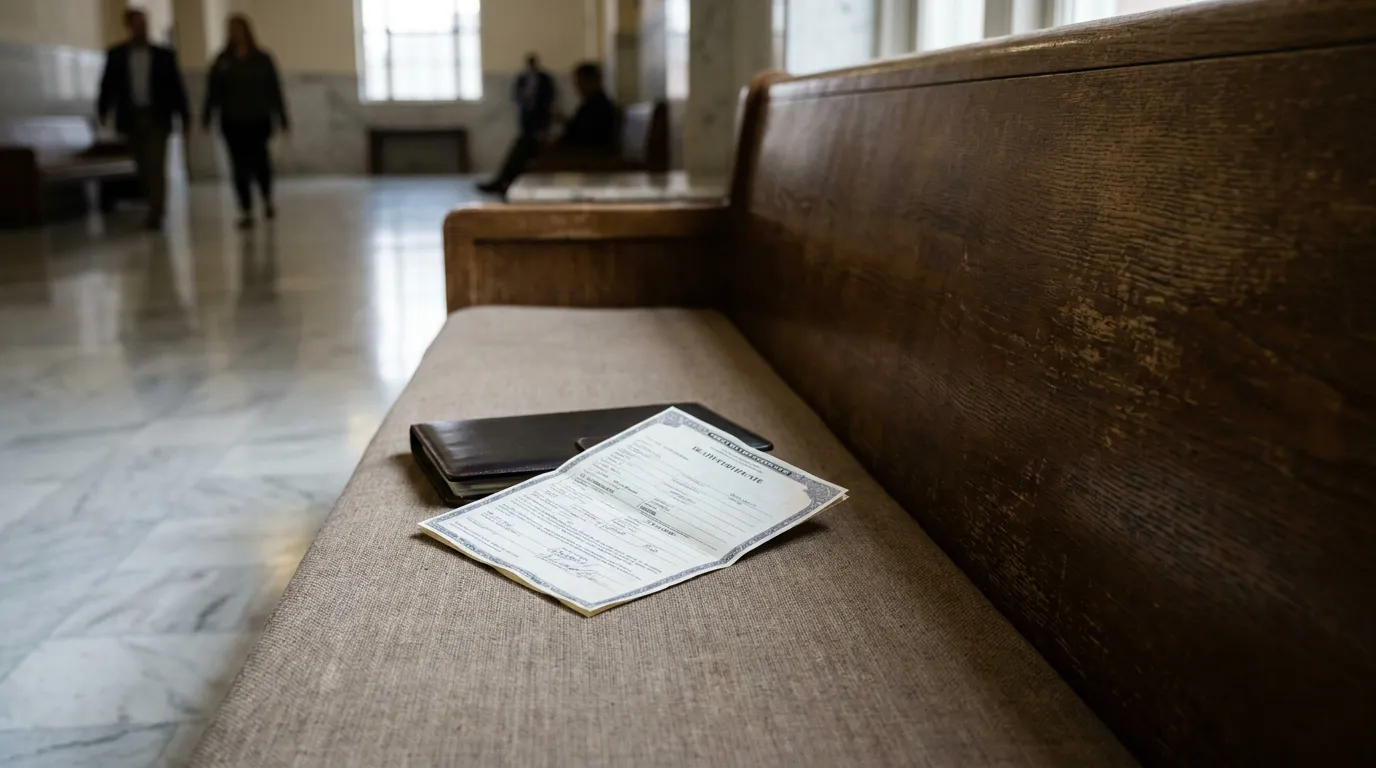 Death Certificate on Courthouse Bench Columbus Mississippi official certificate document and wallet resting on courthouse bench in public hall