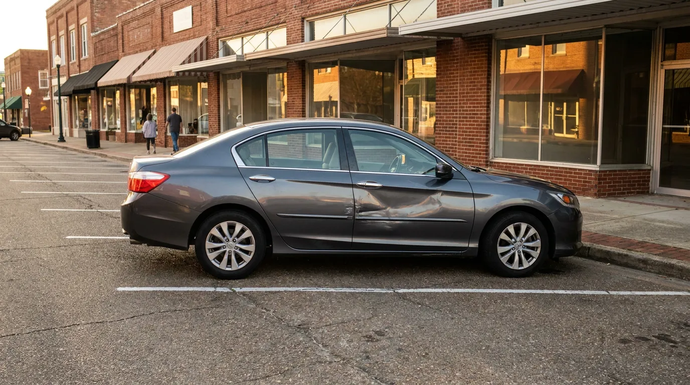 Damaged Car Parked on Tupelo Mississippi Street sedan with visible door dent parked along downtown brick storefront street