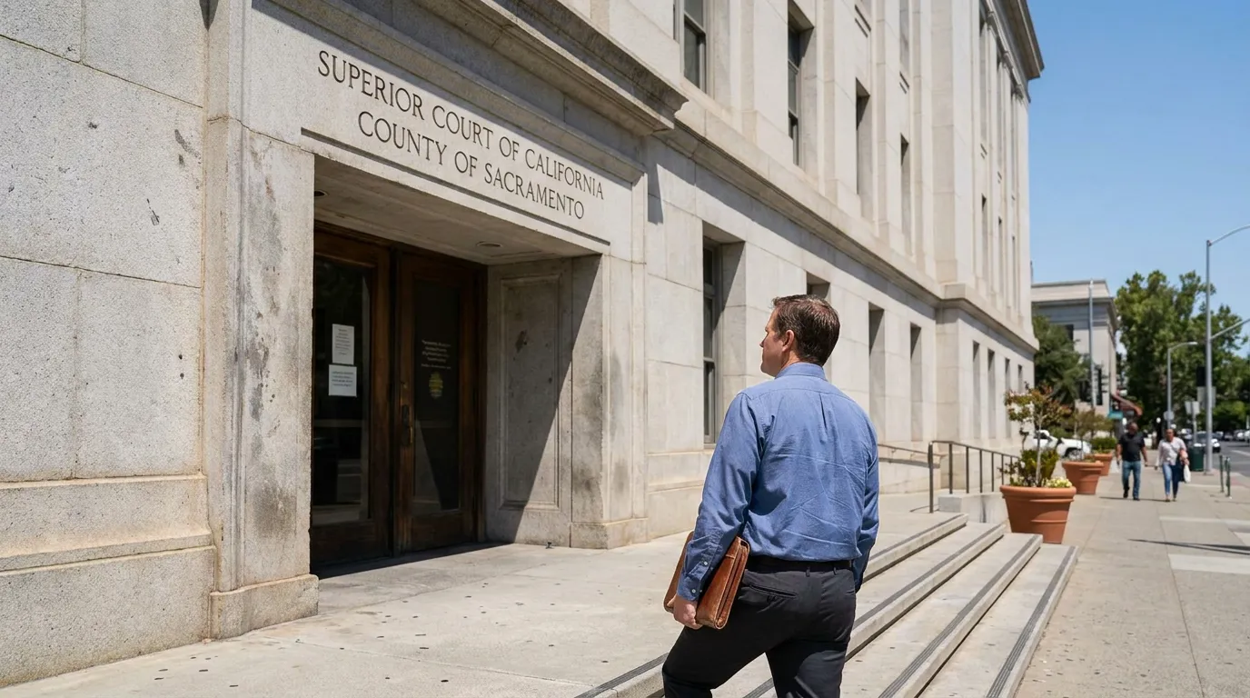 Attorney Entering Sacramento Superior Court for Domestic Violence Defense man carrying leather portfolio entering Superior Court of California County of Sacramento