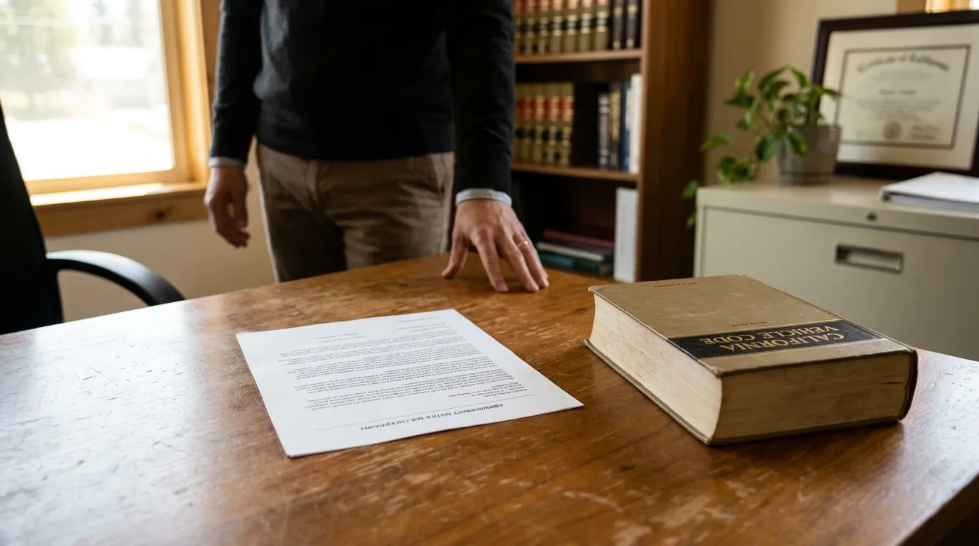 Placerville DUI Attorney Reviewing California Vehicle Code attorney standing at desk with California Vehicle Code book and legal document