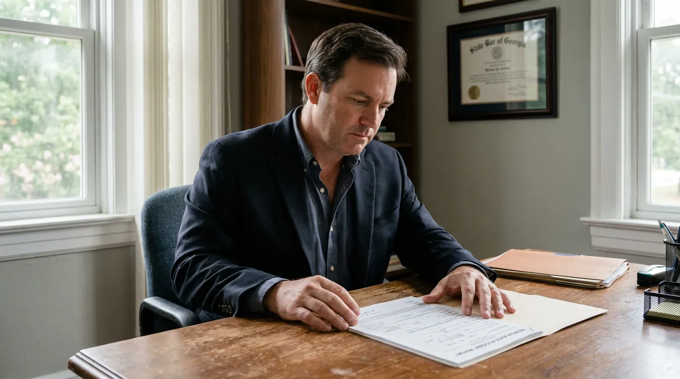 attorney reviewing legal documents at desk with State Bar of Georgia certificate on wall