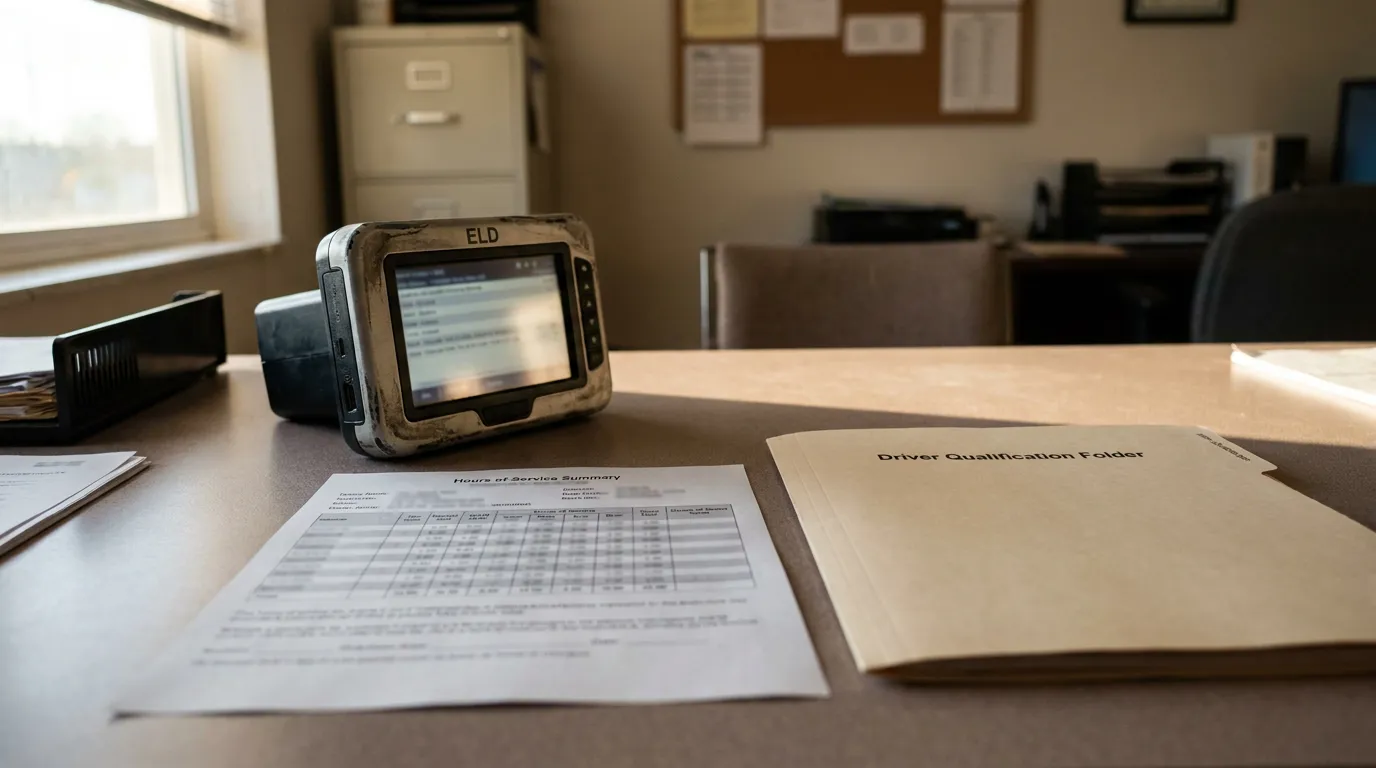 ELD device beside Hours of Service Summary and Driver Qualification Folder on desk