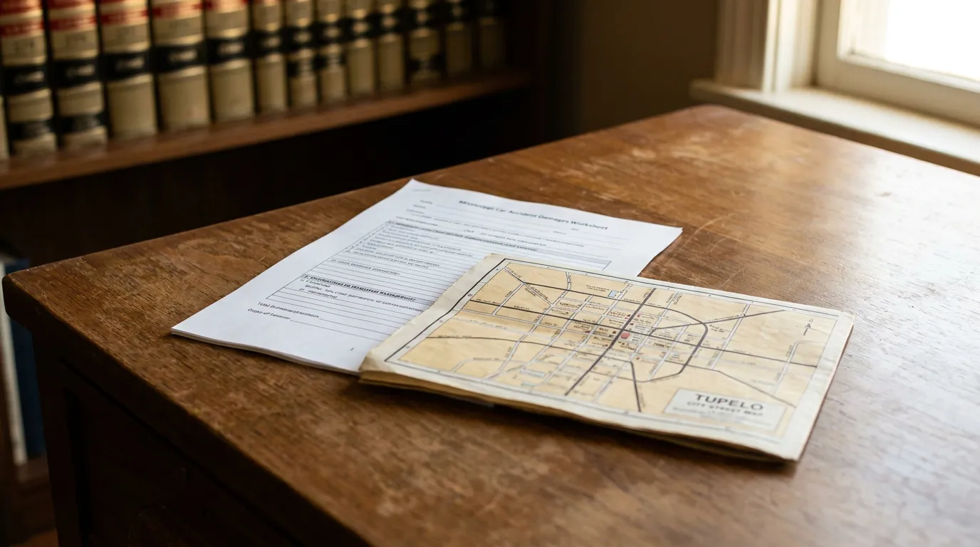 Tupelo Mississippi Car Accident Damages Worksheet and Map Mississippi Car Accident Damages Worksheet and Tupelo city street map on law office desk
