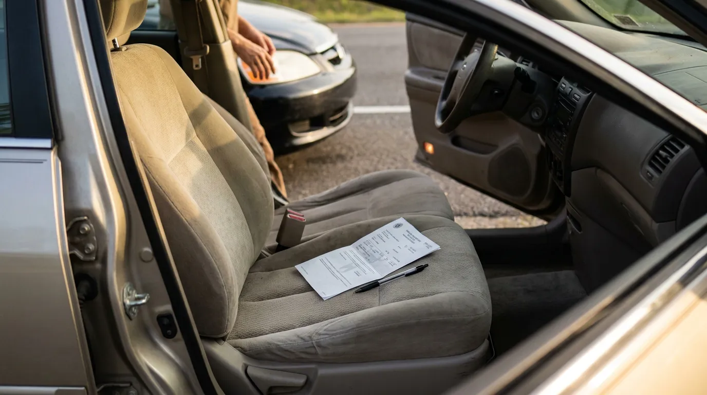 Florida Car Accident Scene With Insurance Paperwork on Seat accident report form and pen on car seat after vehicle collision
