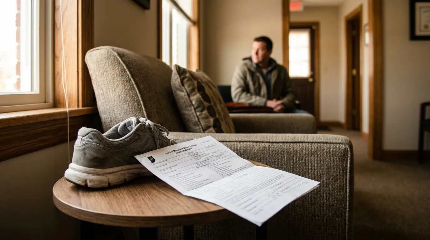 worn sneaker and Indiana Bureau of Motor Vehicles form on waiting room table