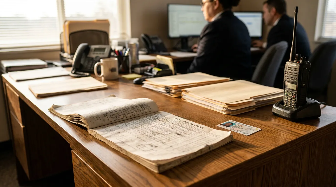 Riverside Truck Driver Hours of Service Logbook FMCSA Records open proof of service document on desk with ID card and two-way radio