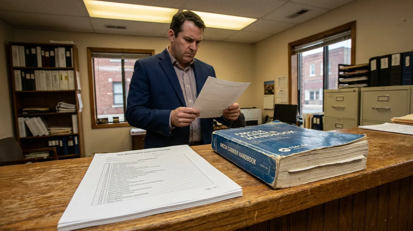 Richland Attorney Reviewing FMCSA Truck Maintenance Records attorney reviewing document beside FMCSA Carrier Handbook and Fleet Maintenance Inspection Checklist