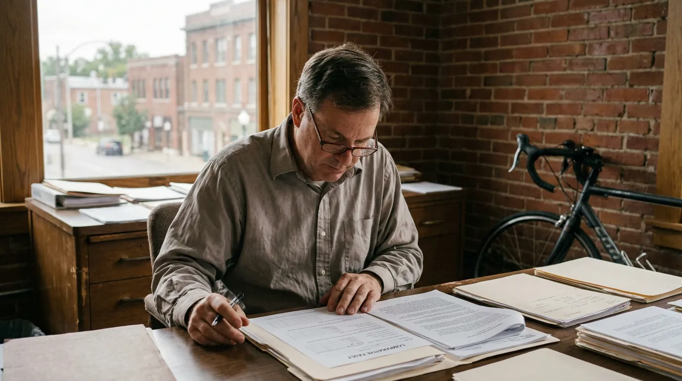 Kansas City Lawyer Reviewing Comparative Fault Bicycle Injury Claim attorney reviewing comparative fault legal documents at wooden office desk