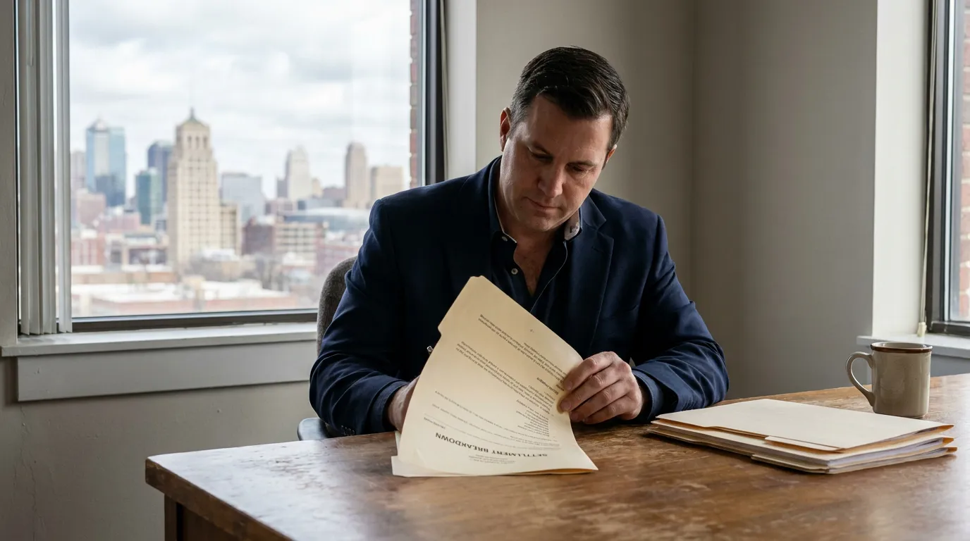 attorney reviewing Settlement Breakdown document at desk with city skyline background