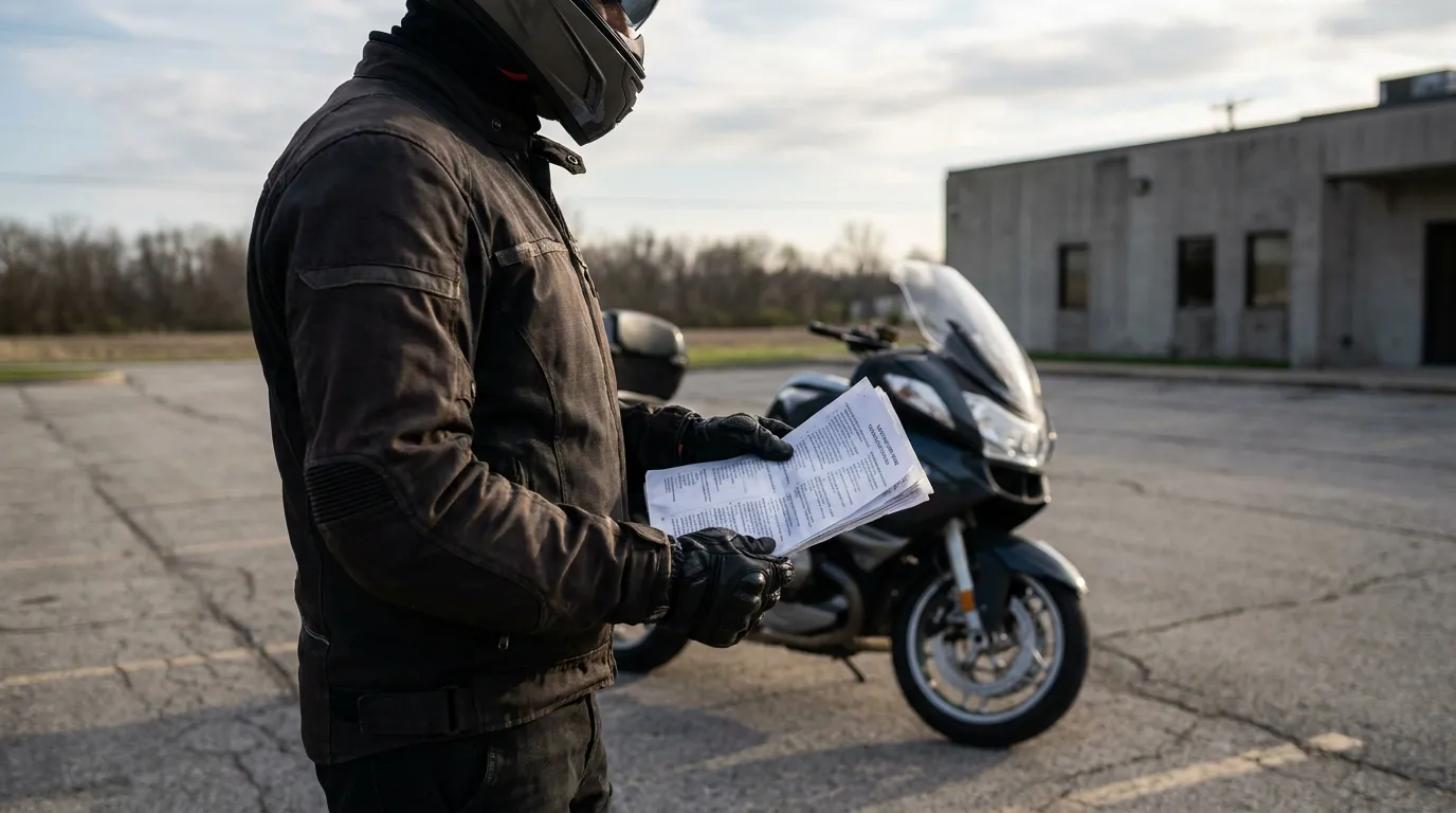 helmeted motorcyclist in riding gear reviewing printed documents beside parked motorcycle