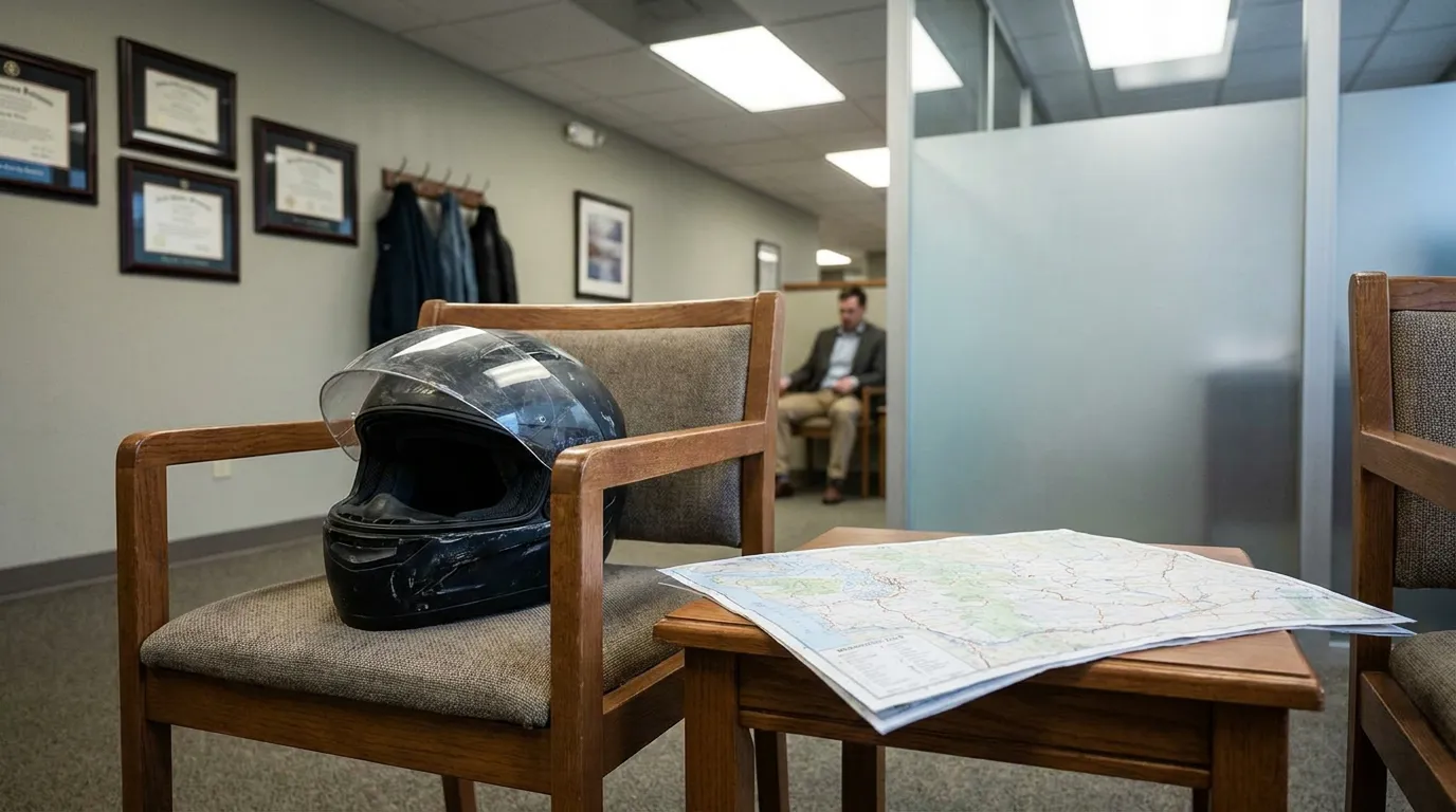 Motorcycle Helmet in Richland Washington Injury Lawyer Office motorcycle helmet on chair beside open road map in law office waiting area