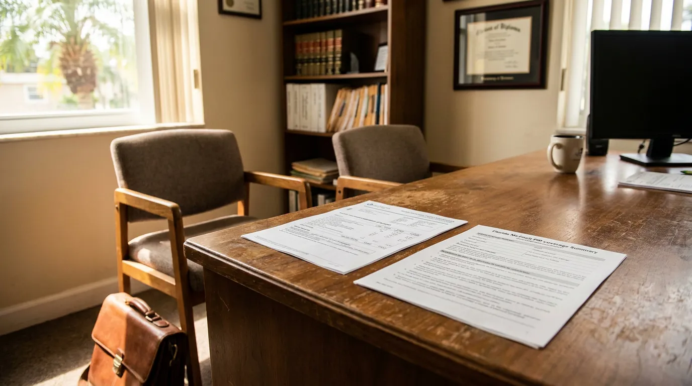 Florida PIP Coverage Documents on Pedestrian Accident Attorney Desk Florida No-Fault PIP Coverage Summary document on attorney office desk