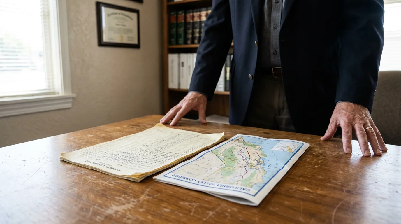 attorney leaning over desk with California Valley Corridor map and legal documents