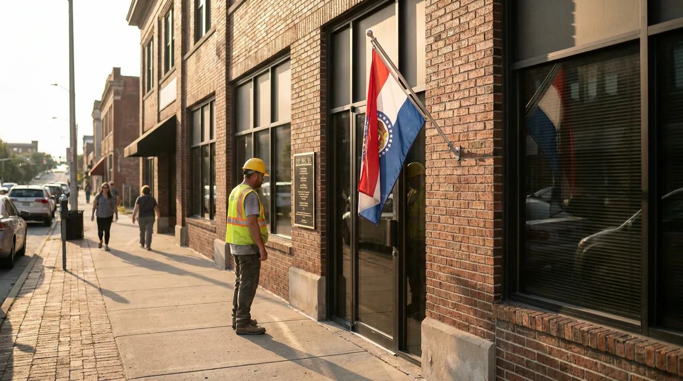 construction worker in hard hat standing outside brick building with Missouri state flag