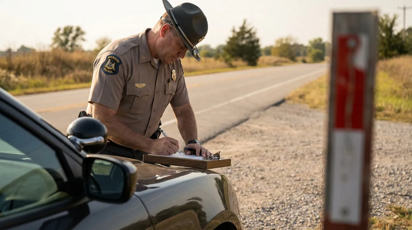 Missouri State Patrol Officer Filing Hit-and-Run Accident Report Missouri State Patrol officer writing on clipboard leaning against vehicle on roadside