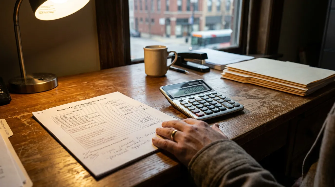 Indianapolis Personal Injury Damages Worksheet and Calculator hand resting on Personal Injury Damages Worksheet beside calculator on wooden desk