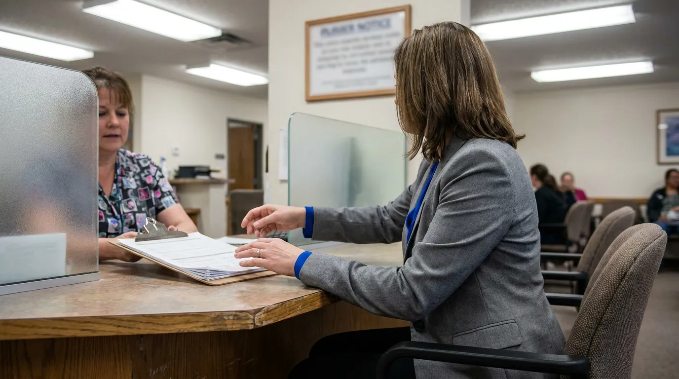 Richland Patient Submitting Medical Bills After Car Accident professional in blazer submitting documents at courthouse clerk counter window