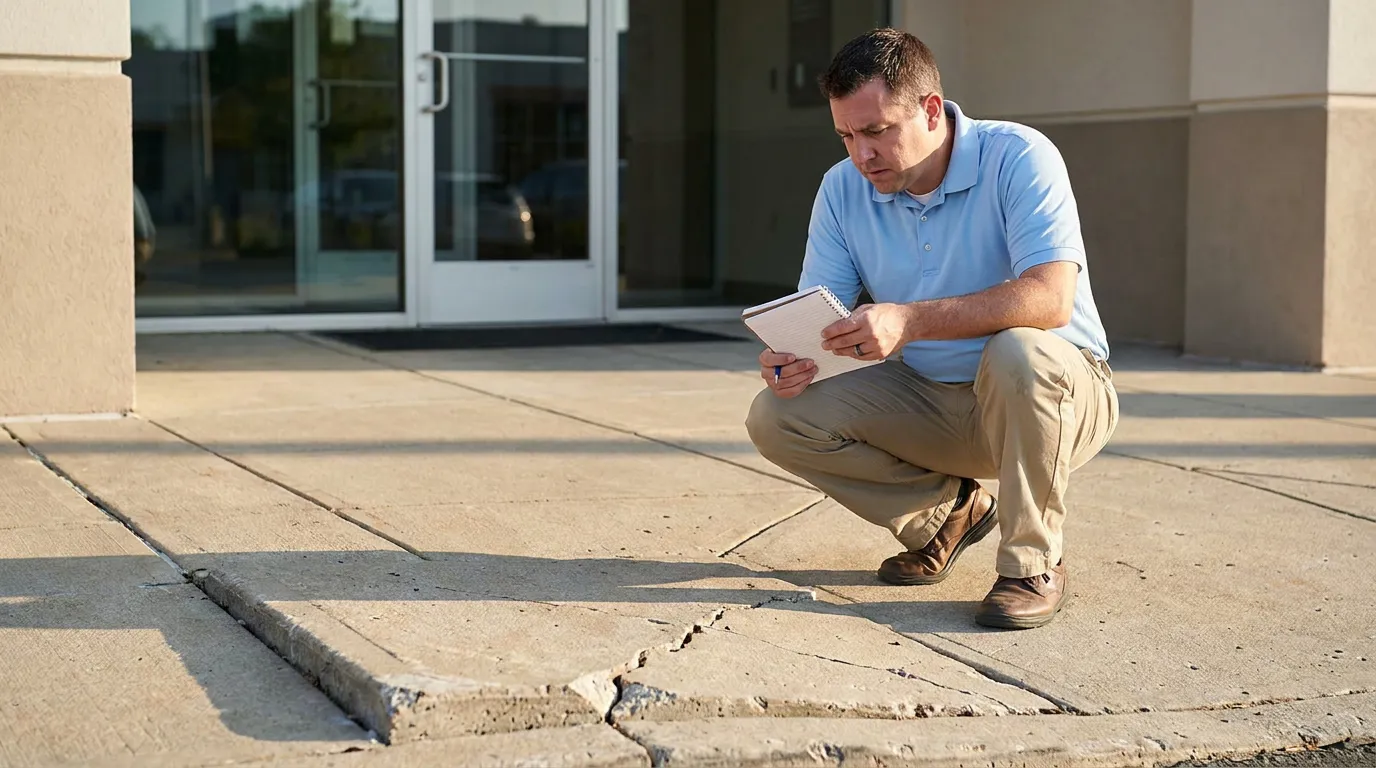 man crouching with notepad inspecting cracked uneven sidewalk outside building entrance