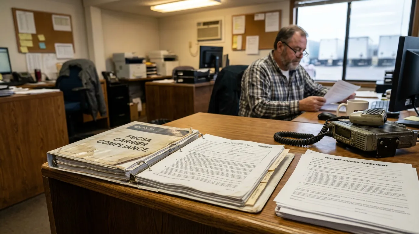 FMCSA Carrier Compliance and Freight Broker Agreement Richland Washington FMCSA Carrier Compliance binder and Freight Broker Agreement documents on trucking office desk