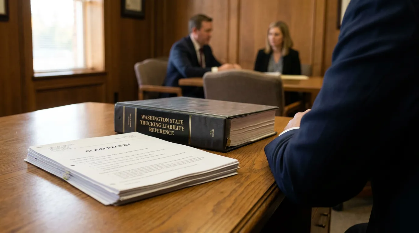 Wrongful Death Truck Accident Claim Consultation Richland Washington Washington State Trucking Liability Reference book and claim packet on courtroom table